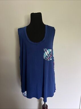 Navy Blue Sleeveless Pocket Tank with Tie-Dye Accents